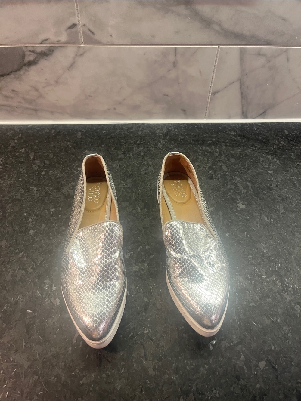 FRANCO SARTO Silver Snake-Texture Slip-On Loafers